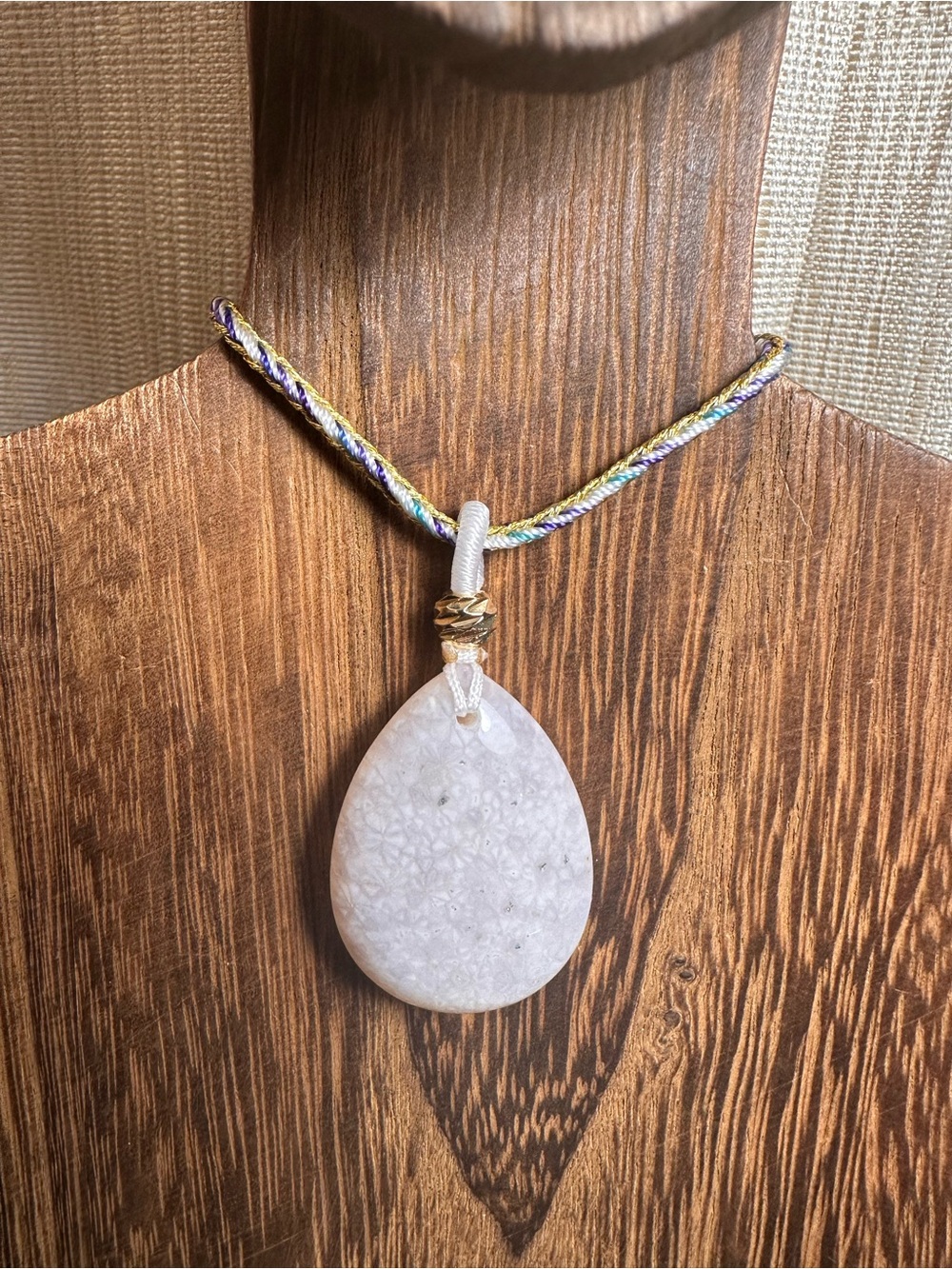 White Coral Fossil Teardrop Pendant Necklace on Blue and Gold Rope - Picture 2 of 13